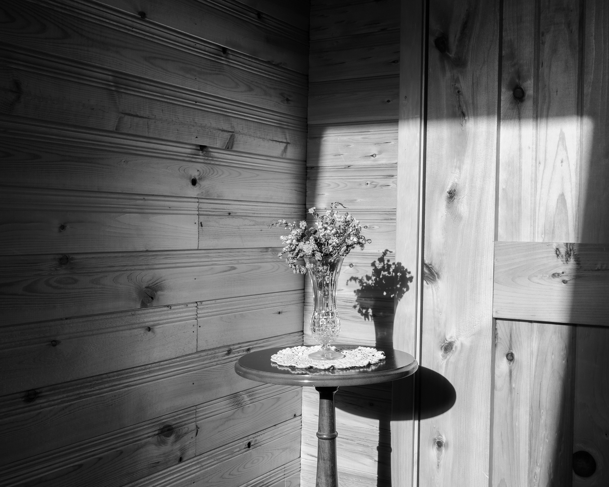Black and White Image of the corner of a room with a flower vase on a round table.